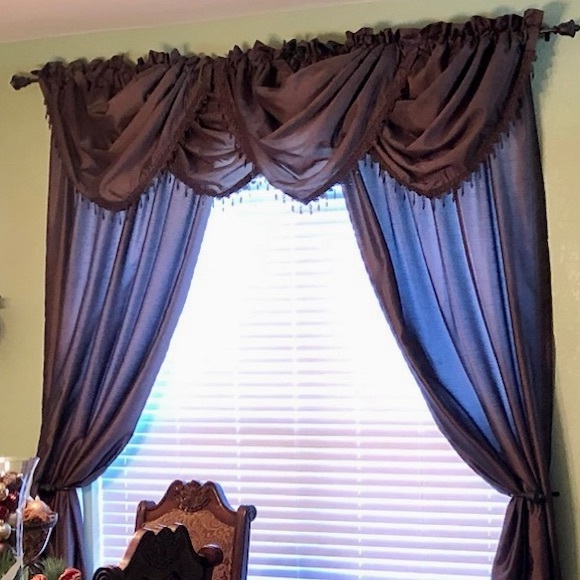 Chris Madden 4 Brown Curtain Panels with 4 Beaded Waterfall Valences 108” - Picture 1 of 3